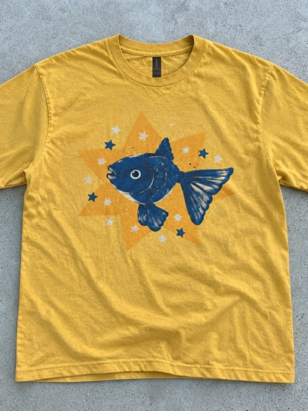 Gildan Yellow Tee with Blue Fish Graphic
